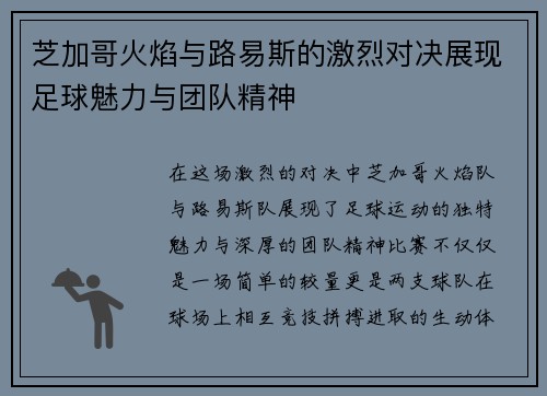 芝加哥火焰与路易斯的激烈对决展现足球魅力与团队精神